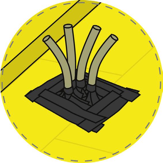 5. Samleoppstikk Legg radonsperren over samleoppstikket. Klipp deretter et kryss slik at rørene kan føres gjennom radonsperren. Klipp bort overskudd av radonsperre rundt samleoppstikket.