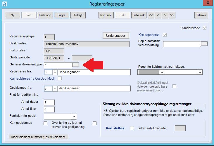 - Genererer dokumenttypar: Sjå raud pil på screenshot. Hak av for at den genererer eit internt dokument utan oppfølging (X-dokument), trykk OK - Trykk Lagre når ferdig 1.