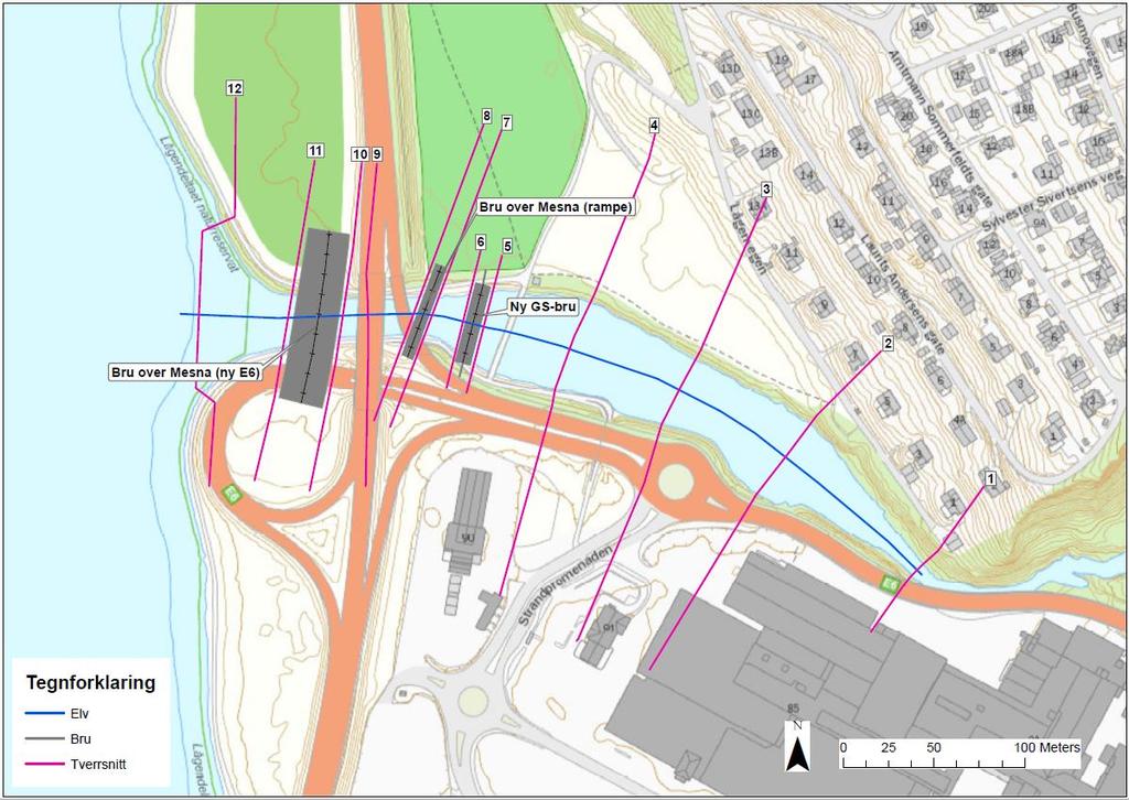 35 MESNA Geometri og elvemodell Det er satt opp hydrauliske modeller av Mesna, for å kunne se på de hydrauliske forholdene ved de nye brostedene over Mesna, Bru over ny E6 og Rampebru.