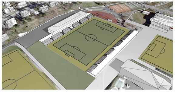 I dette alternativet rives eksisterende stadion med tribuner. Plasseringen av fotballstadion justeres ved at den «rettes» opp så den ligger mer parallelt med Øygardveien.