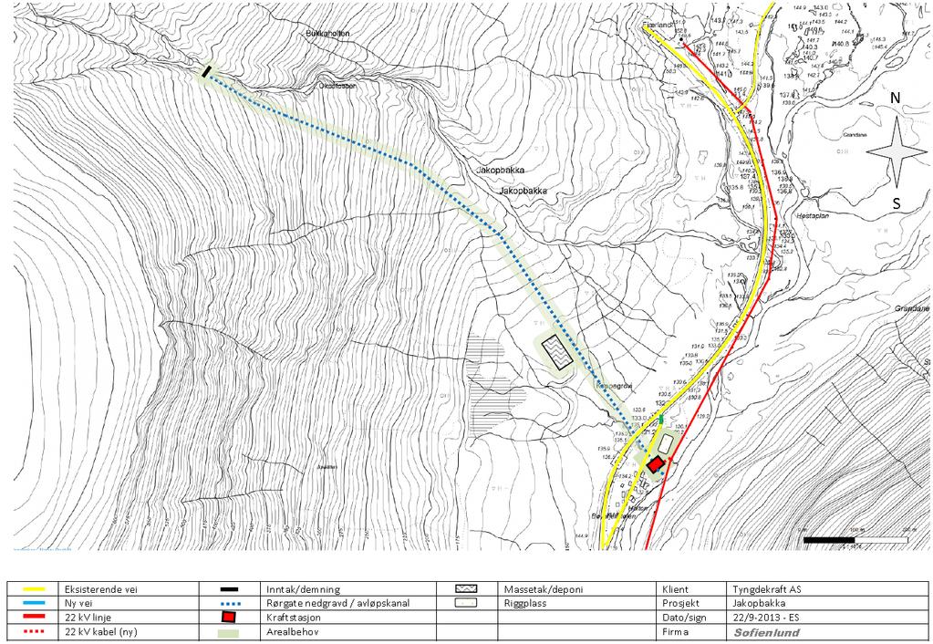 2 Jakopbakka kraftverk: Figur 4: Detaljert kart Kraftverket vil nytte fallet i Jakopbakka i Bøyadalen mellom inntaket på høgde 450 moh og kraftstasjonen på høgde 130 moh.