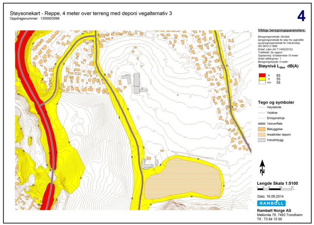 STØYUTREDNING 11 Figur 5 Støysonekart iht T-1442 over situasjonen med massedeponi og trasealternativ 2, 4 m over