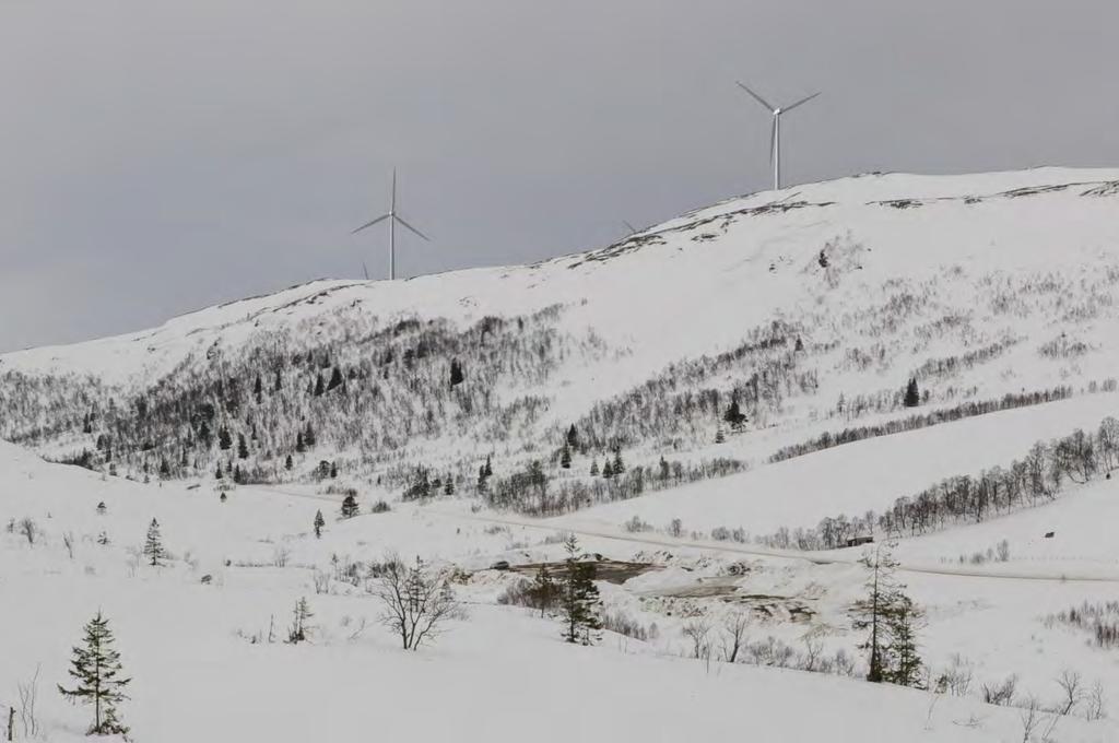 Figur 17: Vindkraftverket full utbygging sett fra utfartsområdet Langlia. Avstand til nærmeste turbin: 1,3 km. Foto: Svein Erik Dahl.
