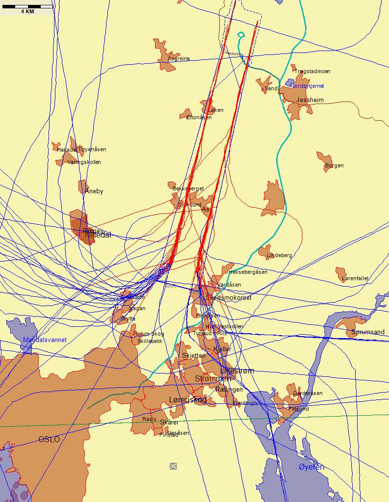 9.3.2 Landinger, rapportering iht 9, Forskrift om støyforebygging, Gardermoen Jetflylandinger fra sør med sen tilslutning til ILS-glidebanen Figur 6.