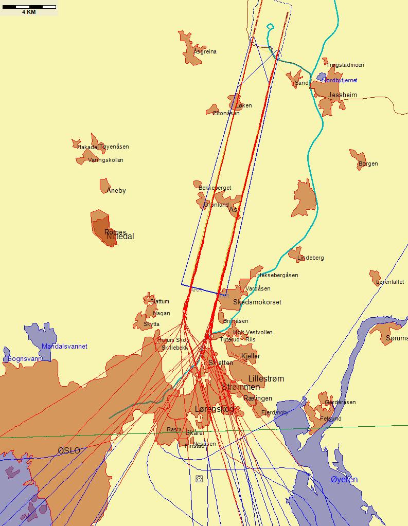 Jetflylandinger fra sør med lav høyde sør for N 59 55 00 Figur 8.