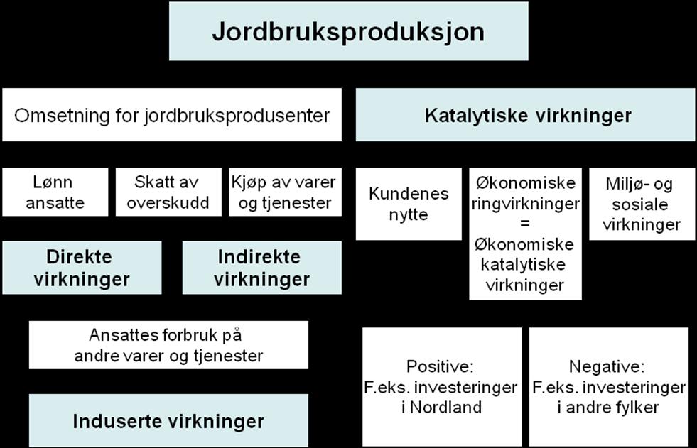 Figur 1-1: Ringvirkninger av jordbruksproduksjon i Nordland. Vi kan dermed skille mellom virkninger som genereres av jordbrukets etterspørsel, dvs.