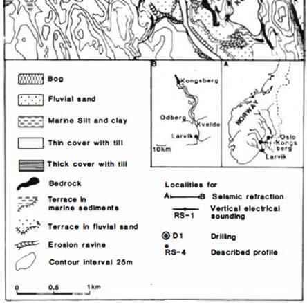 I løsmassekartet til NGU er hele området kartlagt som fluviale avsetninger langs Lågen, selv om avsetningene dannelsesmessig ble avsatt i en grunn fjord.