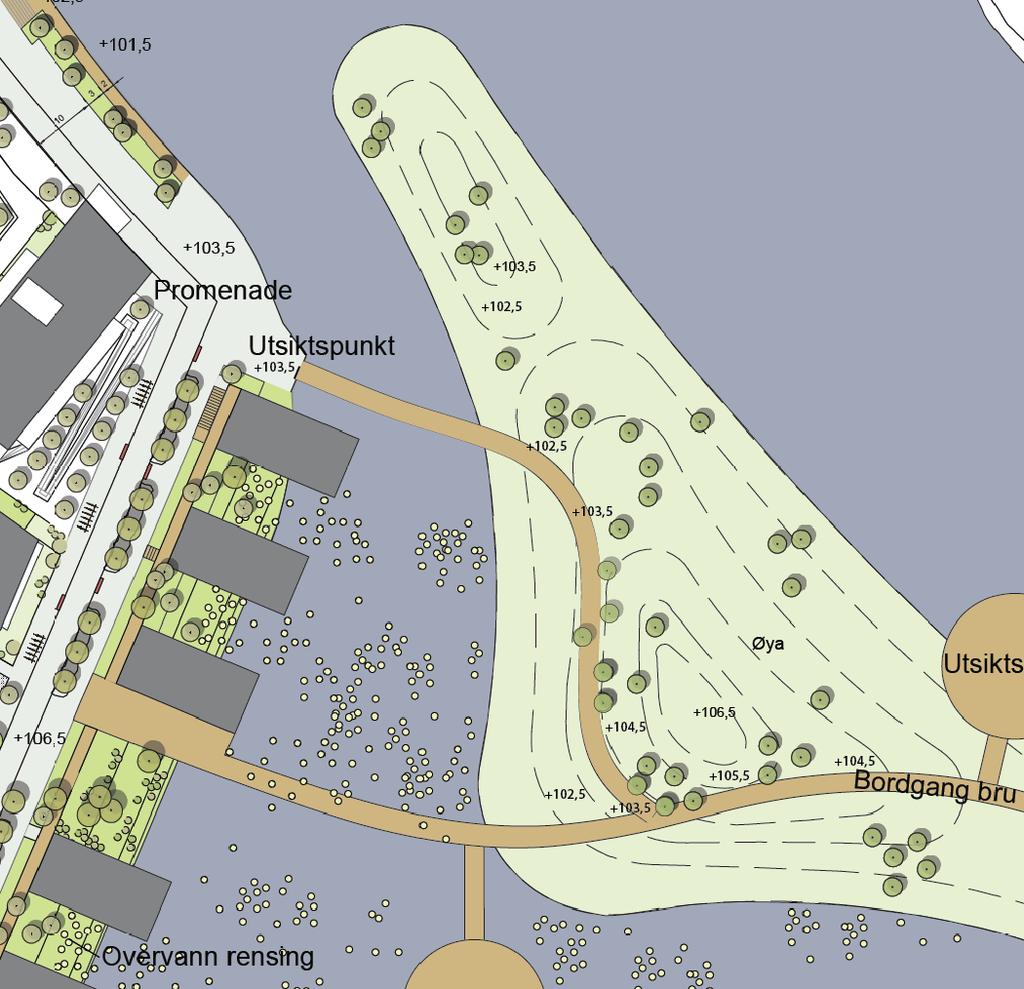 Bilde 3 viser skisse av alternativ med ny broforbindelse fra øya og direkte til elvepromenaden.