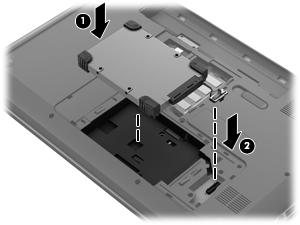 Installere en harddisk 1. Sett harddisken inn i harddiskbrønnen (1) og koble harddiskkabelen til hovedkortet (2). 2. Plasser knastene (1) på servicedekselet i sporene for disse på datamaskinen. 3.