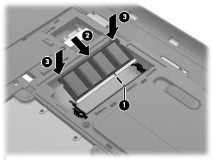 c. Trykk minnemodulen (3) forsiktig ned ved å presse på både venstre og høyre side av modulen, helt til festeklipsene smekker på plass.