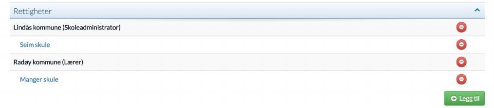 Figur 30 - Liste over brukers rettigheter som inkluderer to kommuner. Ved å klikke på Legg til rettighet vil man bli tatt videre til et skjema som består av tre steg.