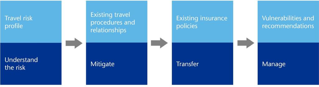 Travel risk analysis Detailed review of Travel risk profile Policies and procedures Related insurance Third party