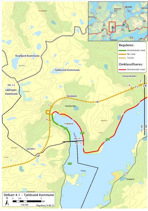 Tjeldsund kommune: Fiskfjord Valgt alternativ/reguleres: Tunnel LP, en justert trase 3 i Fiskfjord og tunell rx (6.0 km) mot Kongsvik. H3 standard.