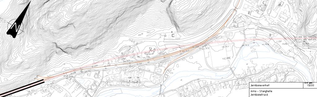 Figur 4: Eksempel på ny stasjon sørvest for dagens stasjon på Dale, og ny framtidig jernbanetrasé gjennom dei nyare delane av industribygga.