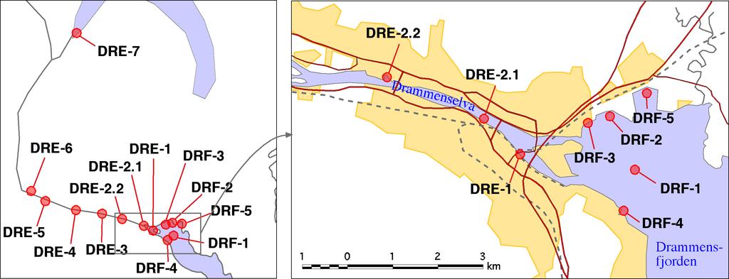 Figur 2. Kart over prøvetakningsstasjonene i Drammenselva og Drammensfjorden. Identifikasjonskoden med tilknyttede kartkoordinater finnes i Tabell 1.