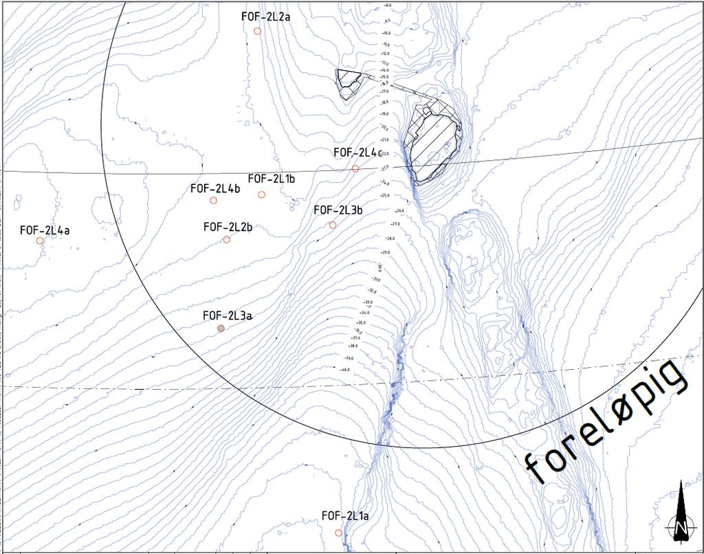 Figur 2-7. Utdrag fra tegning nr. 712690-RIGm-TEG-013 som viser utdypingsområdet (skravert) ved Grunne 17, samt plassering av punkt for sedimentprøver (Rambøll/NIVA).