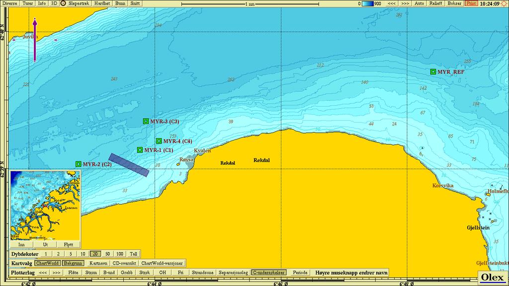 Figur 3.4.1. Stasjonsplassering C-undersøkelse, hvor stasjonene er presentert med navn MYR-X, med stasjonstype etter stasjonsnavnet (CX).