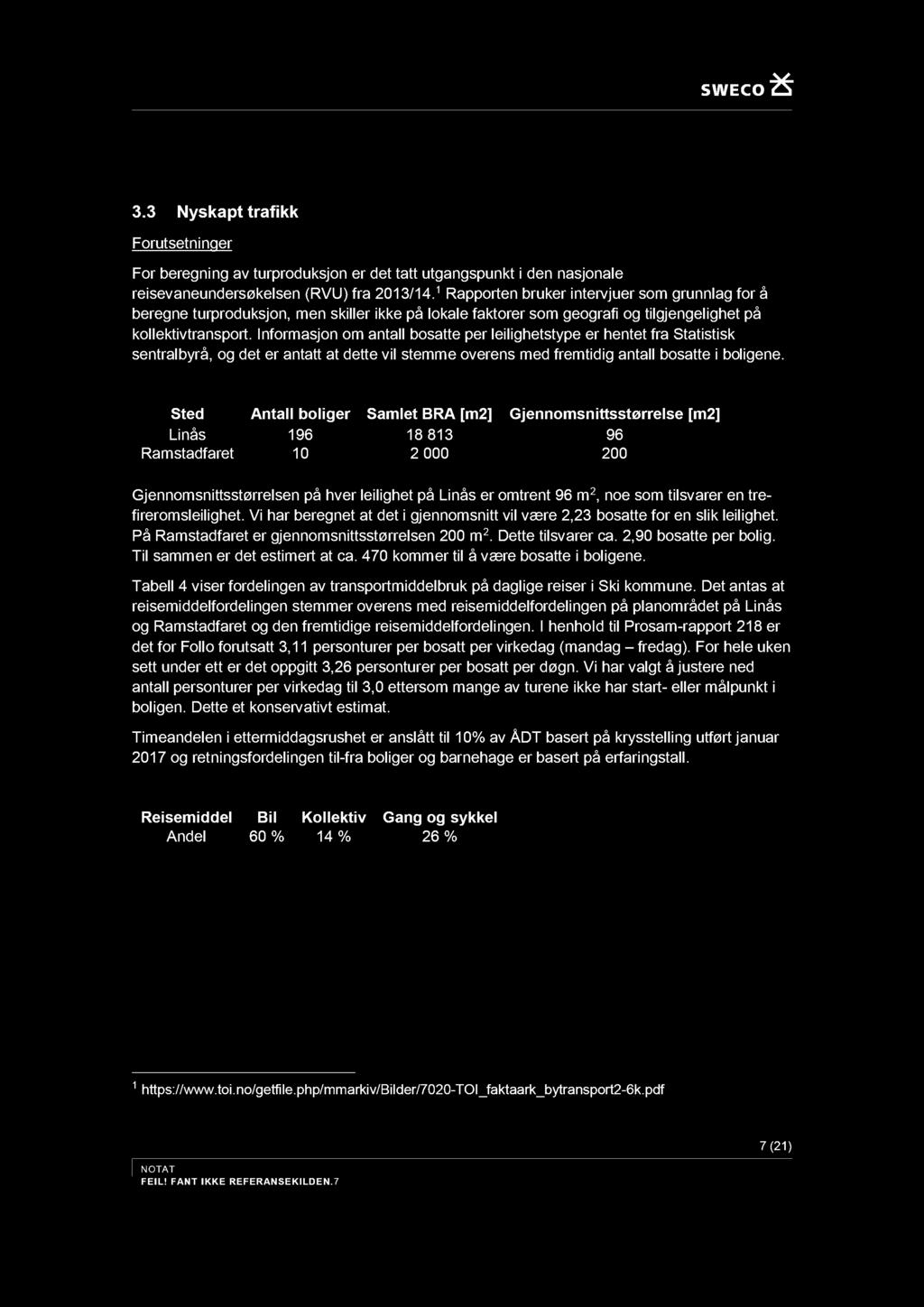 3.3 Nyskapt trafikk Forutsetninger For beregning av turproduksjon er det tatt utgangspunkt i den nasjonale reisevaneundersøkelsen (RVU) fra 2013/14.