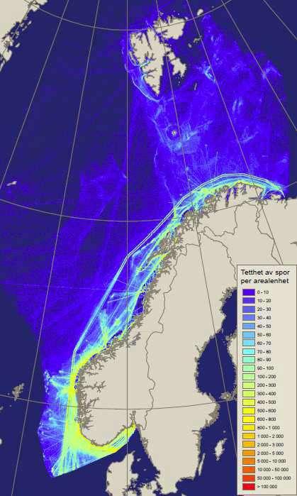 Sjøsikkerhetsanalysen - 2014 Prognose for skipstrafikken, hentet fra Sjøsikkerhets-analysen, viser at den utseilte distansen i region vest er forventet å øke