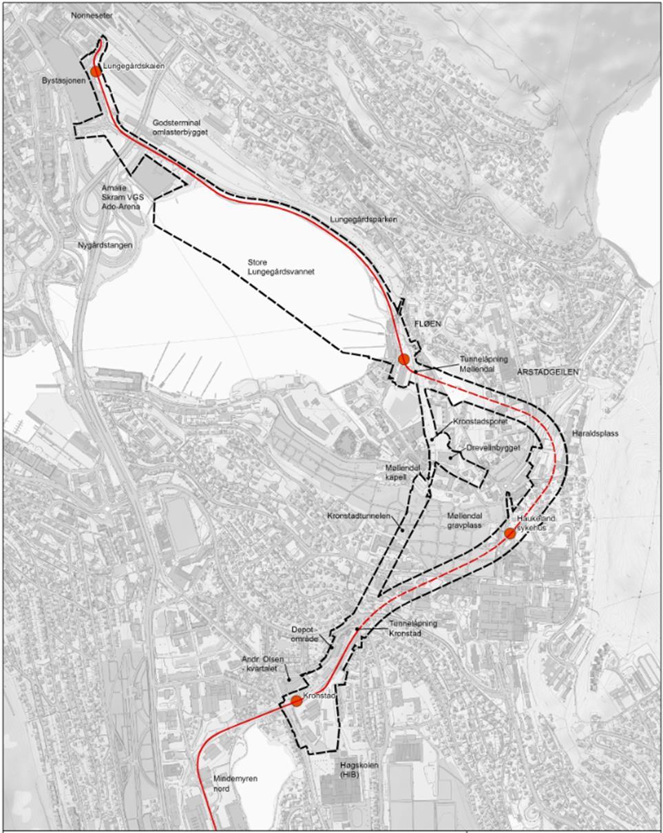 Figur 1: Planområde for delstrekning 1 I tråd med retningslinjer til kommuneplanens arealdel, skal VA-rammeplan inngå i alle reguleringsplaner.