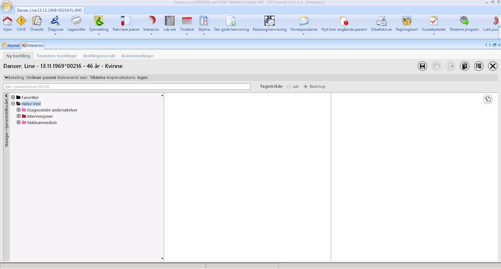 1 Radiologiske henvisninger 1.1 Opprette radiologihenvisning Velg aktuell pasient og klikk på pilen under ikonet for «Interactor» og deretter «Ny rekvisisjon».