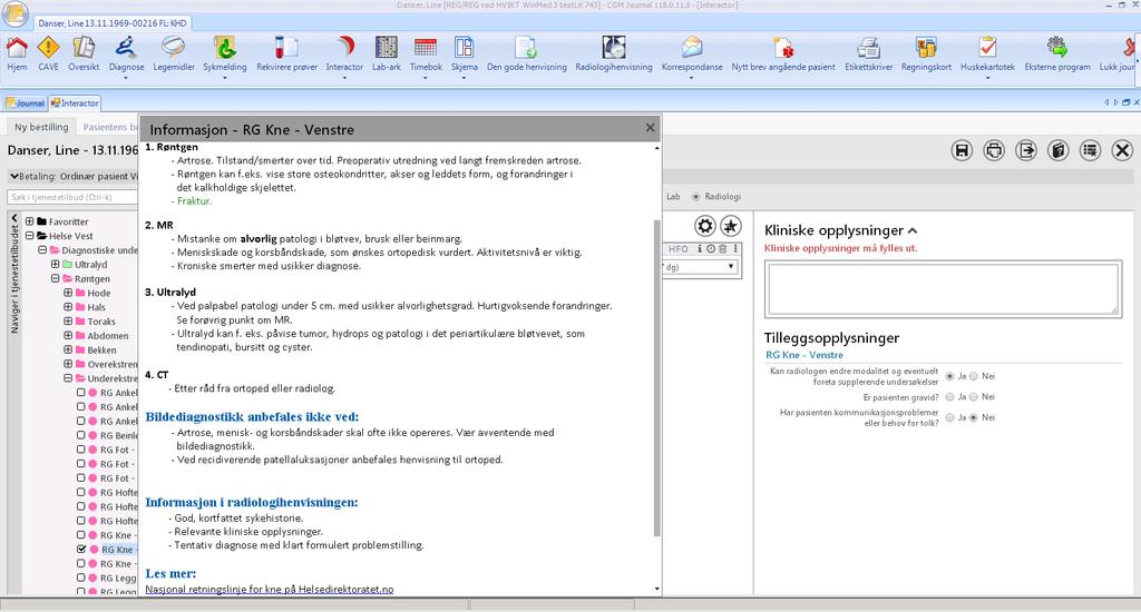 Ved å trykke på «i»-en kommer det opp en boks med henvisningsråd og/eller annen informasjon den aktuelle radiologiske avdeling