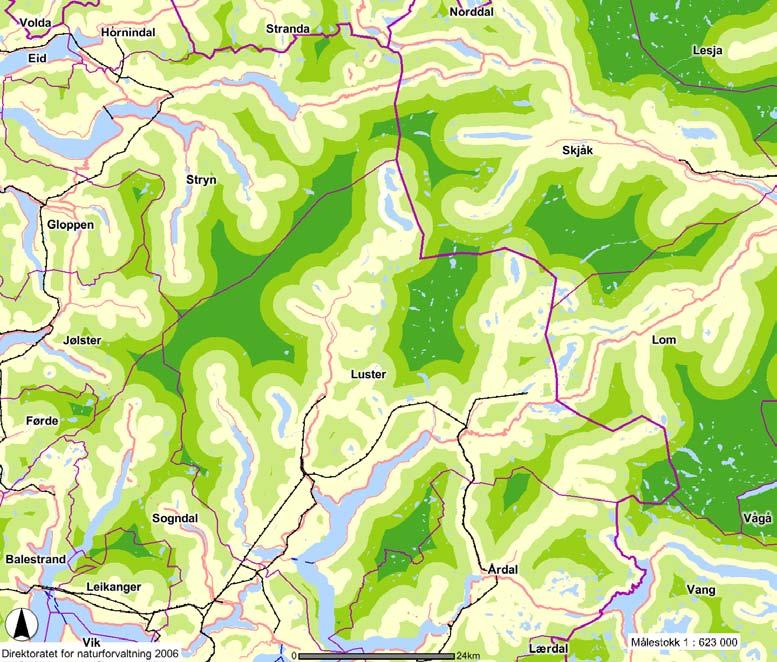 Figur 82 Inngrepsfrie områder rundt Jostedalen (Kilde: