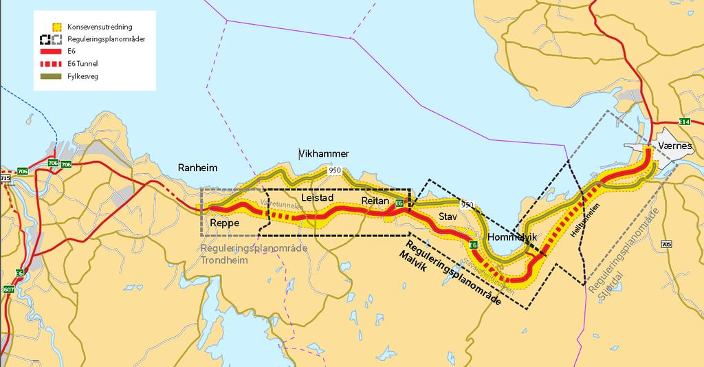 Bakgrunn for planforslaget Planområdet Planstrekningen strekker seg fra Væretunnelen (kommunegrensen mellom Trondheim og Malvik) til Helltunnelen (med avslutning i kommunegrense mellom Malvik og