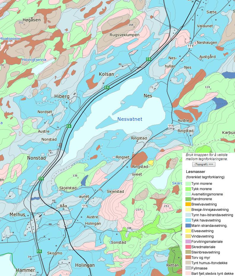 3 Topografi og grunnforhold Planområde Figur 1: Planområdet vist på kvartærgeologisk løsmassekart (kilde: www.ngu.no). Det er utført poretrykksmålinger i flere borpunkter langs planområdet.