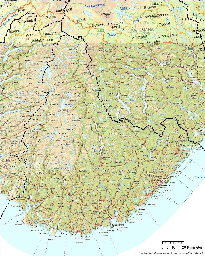 Et samlet Agder 241 km fra øst til vest via E18 / E39 221 km fra nord