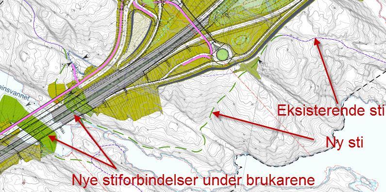 Figur 90: Nye stier ved Fiskåvann og Bukksteinsvannet. Ny vei vil gå i tunnel under Mjåvannsheia som dermed fortsatt blir tilgjengelig fra Vågsbygdmarka.