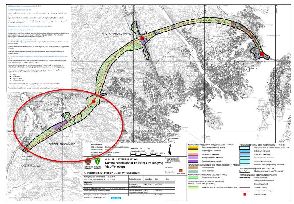 Figur 6: Kommunedelplan E18/E39 Ytre ringveg Vige Volleberg. Reguleringsplanområdet er merket med rød sirkel (Rambøll 2016).