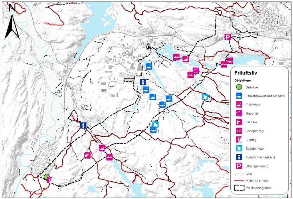 Figur 14: Viktige steder for friluftsliv og nærmiljø i og utenfor planområdet (Rambøll 2016) Grusveien fra Rosseland og inn til Rossevann er et viktig utfartssted for befolkningen.