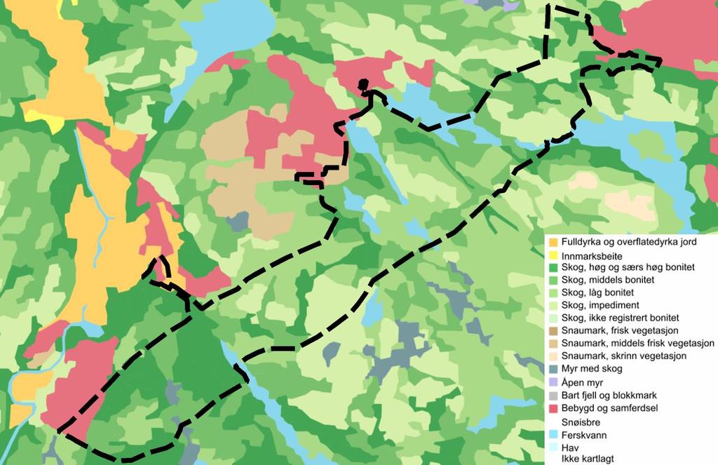 Ved Rosseland berører planområdet en liten del av fulldyrket landbruksjord. Figur 32: Bonitetskart (NIBIO) viser at den dominerende arealressursen i planområdet er skog.
