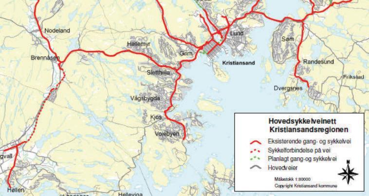 Figur 40: Sykkelhandlingsplan for Kristiansand 2011-2022 Det er i dag etablert gang- og sykkelvei langs E39 fra Breimyr til Brennåsen.