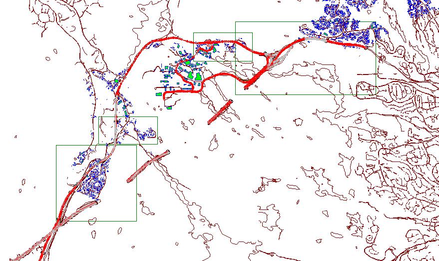 Figur 42: Delområder (grønne firkanter) hvor lokal luftkvalitet er vurdert for dagens situasjon (Rambøll 2017).