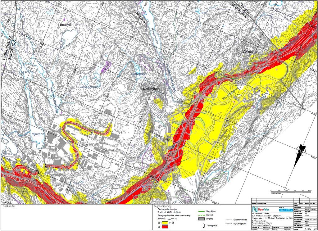 Figur 44: Eksisterende situasjon strekning Mjåvann til Volleberg, beregningshøyde 4 meter (Rambøll 2017). 6.