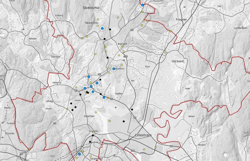 42 Figur 26: Innrapporterte forekomster av kjempebjørnekjeks i Skedsmo kommune.