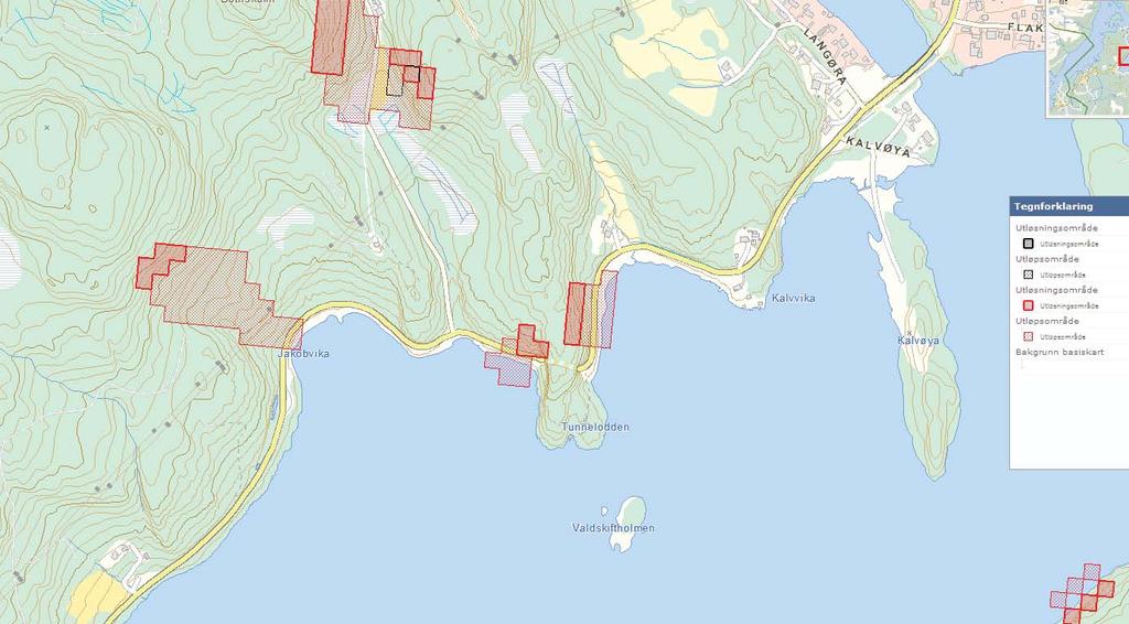 Figur 16: Aktsomhetskart med utløsnings- og utløpsområder for stein og snøskred i område hvor skjæringene og tunnelene er. Målestokk 1:5000.