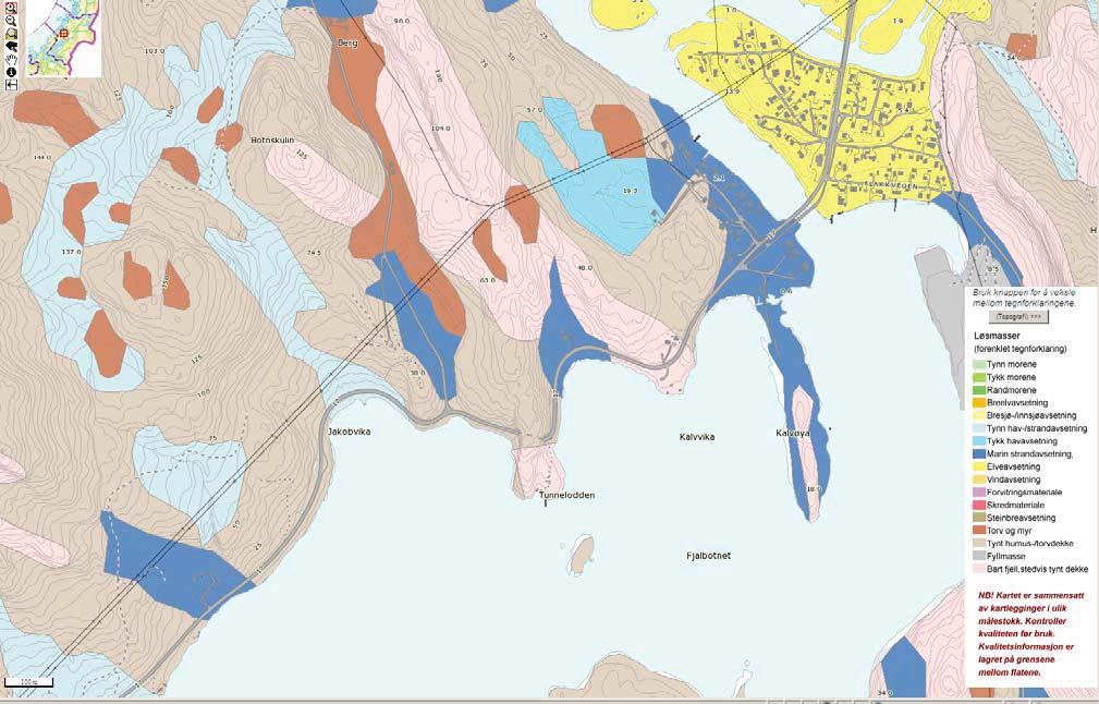 3.1.3 Kvartærgeologi og løsmasser Det undersøkte området er et kystlandskap som bærer preg av isens gjentatte erosjon. Figur 3 viser at daler og lavtliggende områder preget av marine avsetninger.