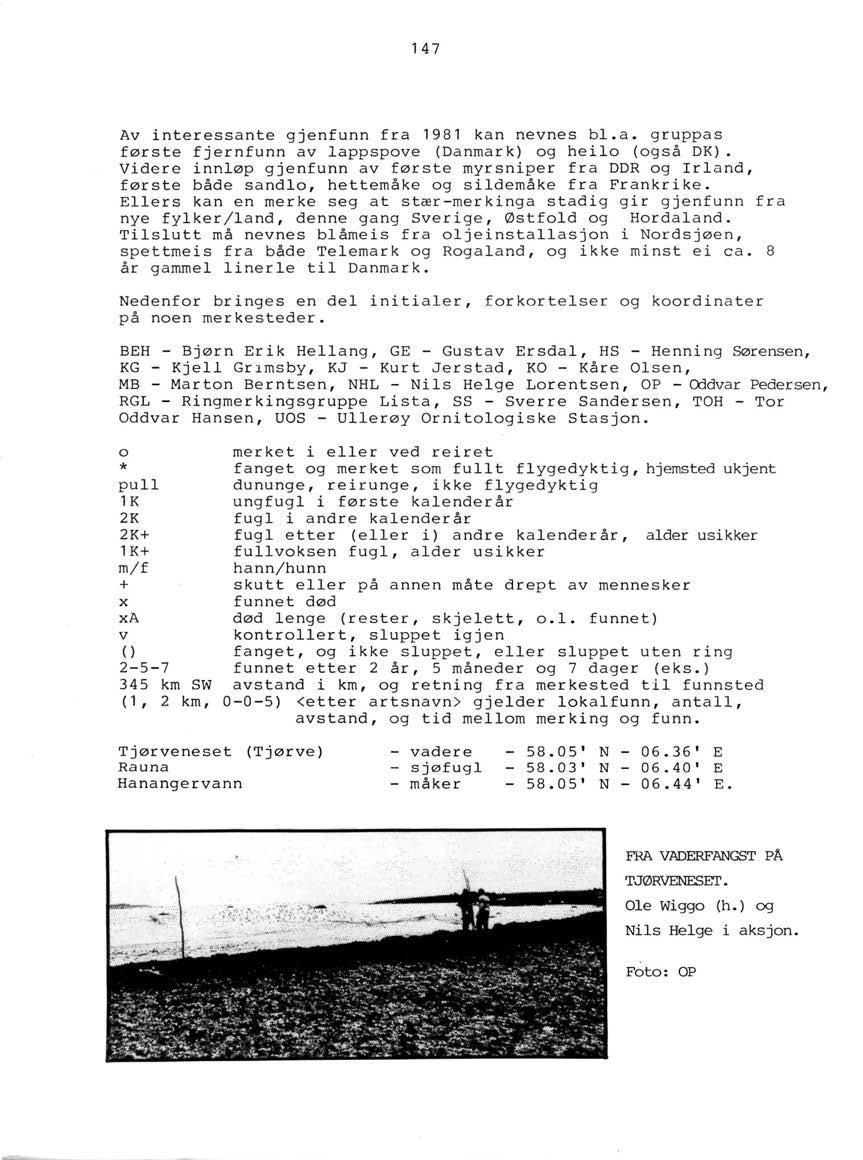 147 Av interessante gjenfunn fra 1981 kan nevnes bl.a. gruppas første fjernfunn av lappspove (Danmark) og heilo (også DK).