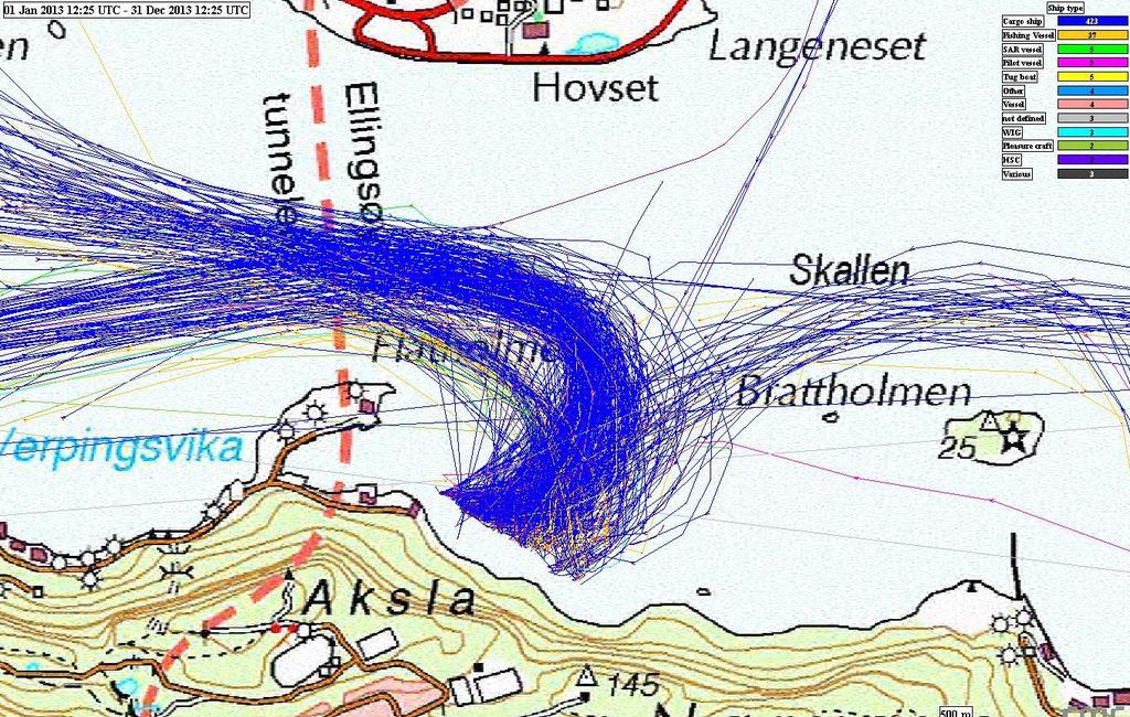 Herunder innseiling til Flatholmen AIS-dataene illustrerer trafikkmønsteret, men gir ikke eksakte tall.