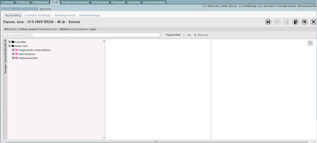 Interactor for radiologiske henvisninger åpner seg, og man er nå klar til å henvise til radiologiske undersøkelser.