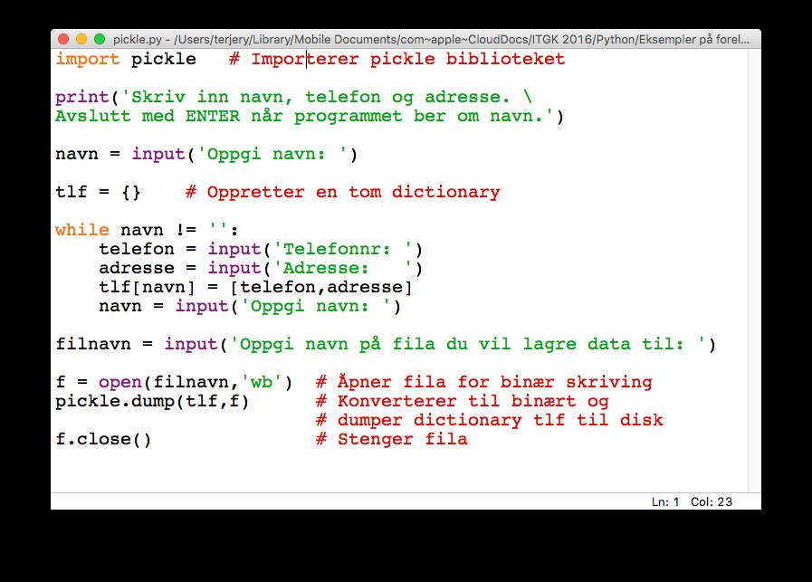 7 Lagre dictionary til disk For å lagre en dictionary eller en mengde til disk kan biblioteket pickle brukes sammen med metoden dump.