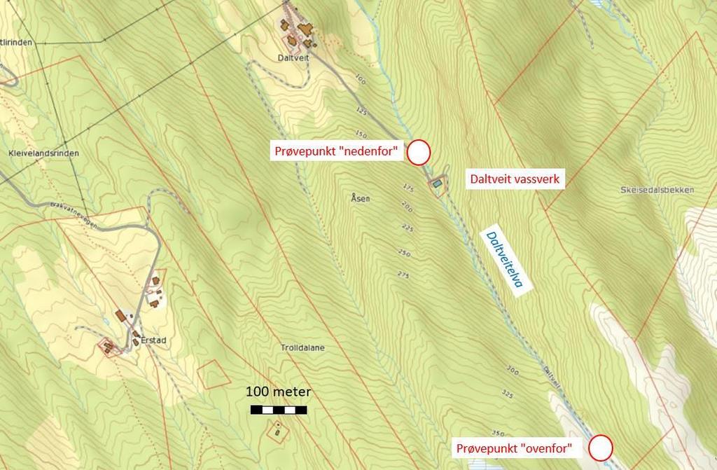 UNDERSØKELSEN I 2016 Ved prøvetakingen 3. november ble det samlet inn biologiske prøver i Daltveitelva på to steder, henholdsvis «ovenfor» og «nedenfor» Daltveit VBA (tabell 2 og figur 3).