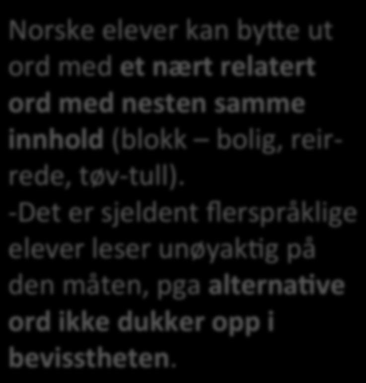 Leseforståelse Flerspråklige elever støier seg ikke like godt på tekstsammenhengen, og bakgrunnskunnskapene blir ikke brukt på samme måte i lesingen (Kulbrandstad, 1998) Tre nivåer for