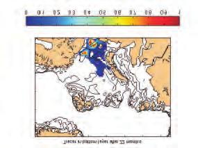 K A P I T T E L 6 A B C D Figur 6.24 A og B. Konsentrasjon av Kurskvann i overflaten 6 og 22 måneder etter utslipp. C og D. Konsentrasjon av Kurskvann nær bunnen 6 og 22 måneder etter utslipp.