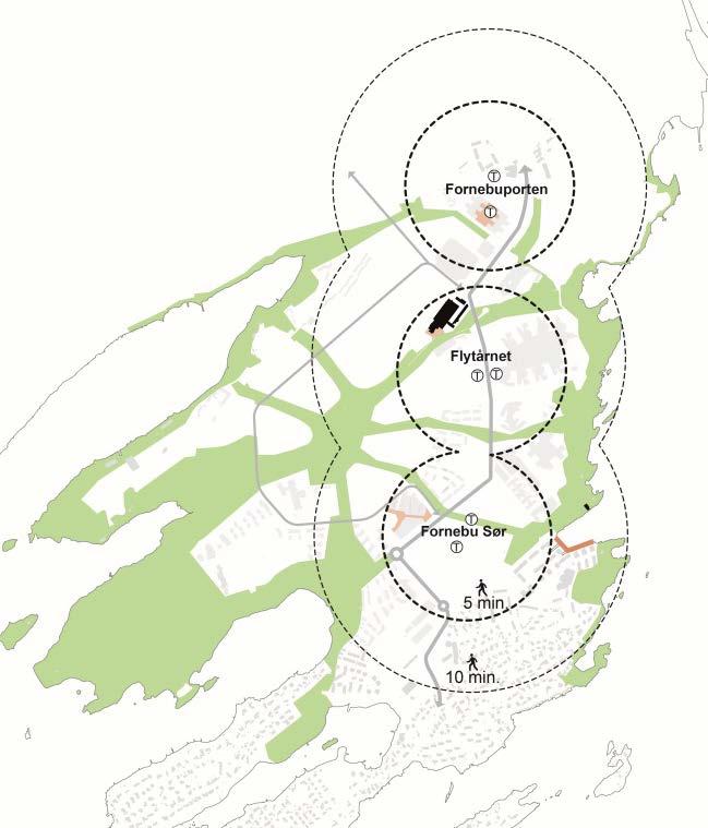 Frnebubanen kmmer. Den planlagte T-banestrekningen vil gå fra Majrstuen, via Skøyen g Lysaker g ende pp ved Kksa/Frnebu Sør. Med nytt byplangrep vil Frnebu i framtida ha ca. 20-25.