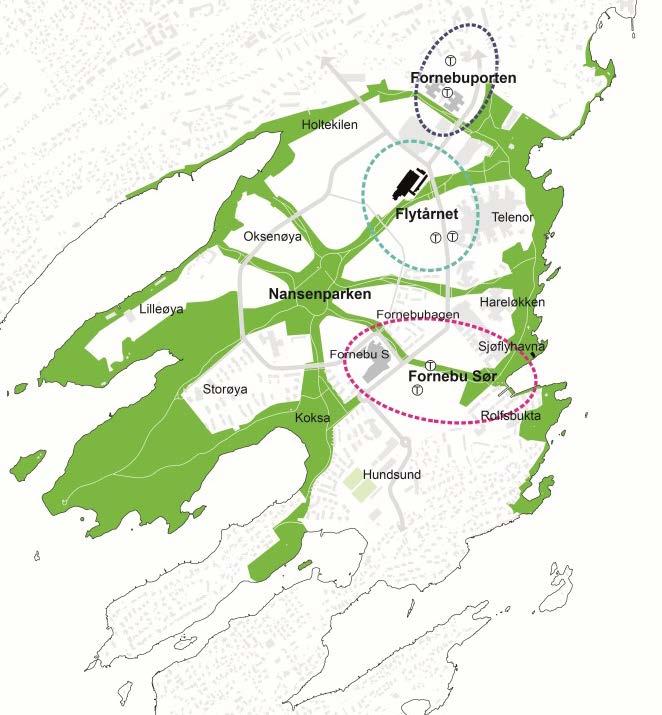 Frnebubanen vil knytte Frnebumrådet til T-banenettet i Osl, ne sm er en viktig premissgiver fr byplangrepet på Frnebu. T-bane nettet inkludert Frnebu (ill. Ruter).