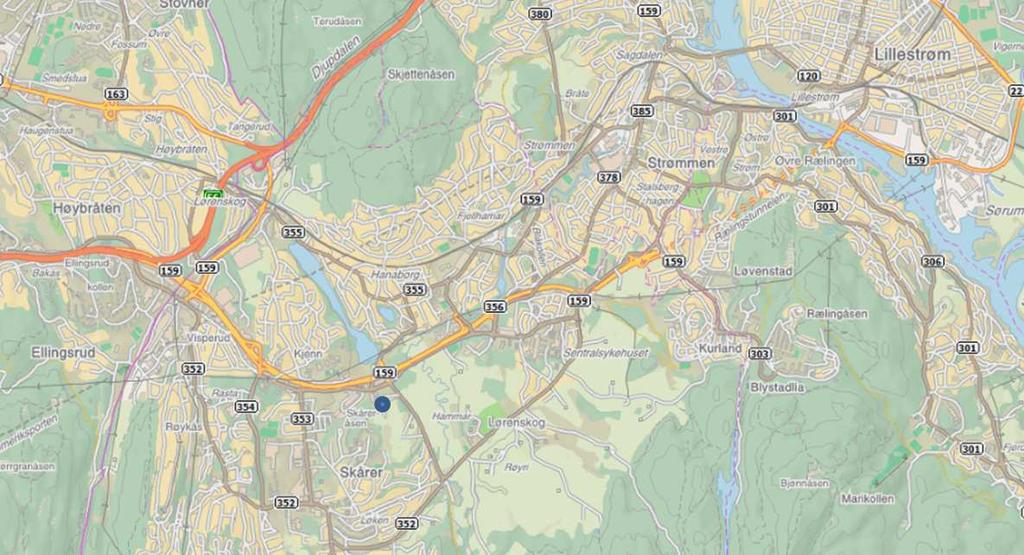 4 2 Dagens situasjon 2.1 Beliggenhet Planområdet ligger på Nordli i Lørenskog kommune, mellom Skåreråsen og Losbyelva, rett vest for fv. 354 (Nordliveien).